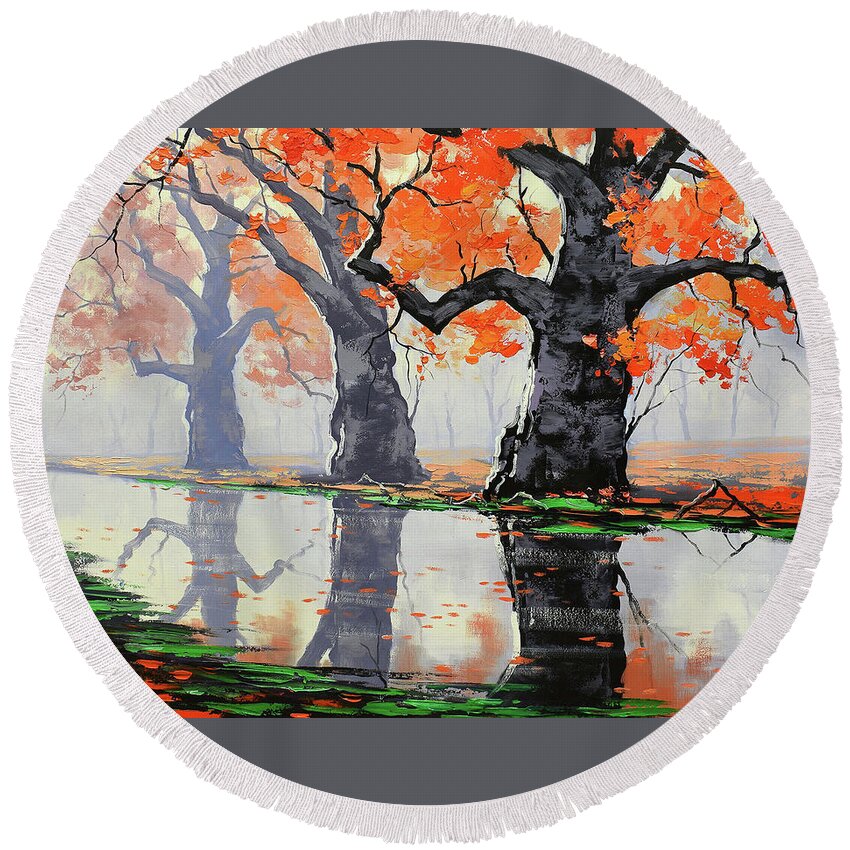 Fall Round Beach Towel featuring the painting Riverside Trees by Graham Gercken