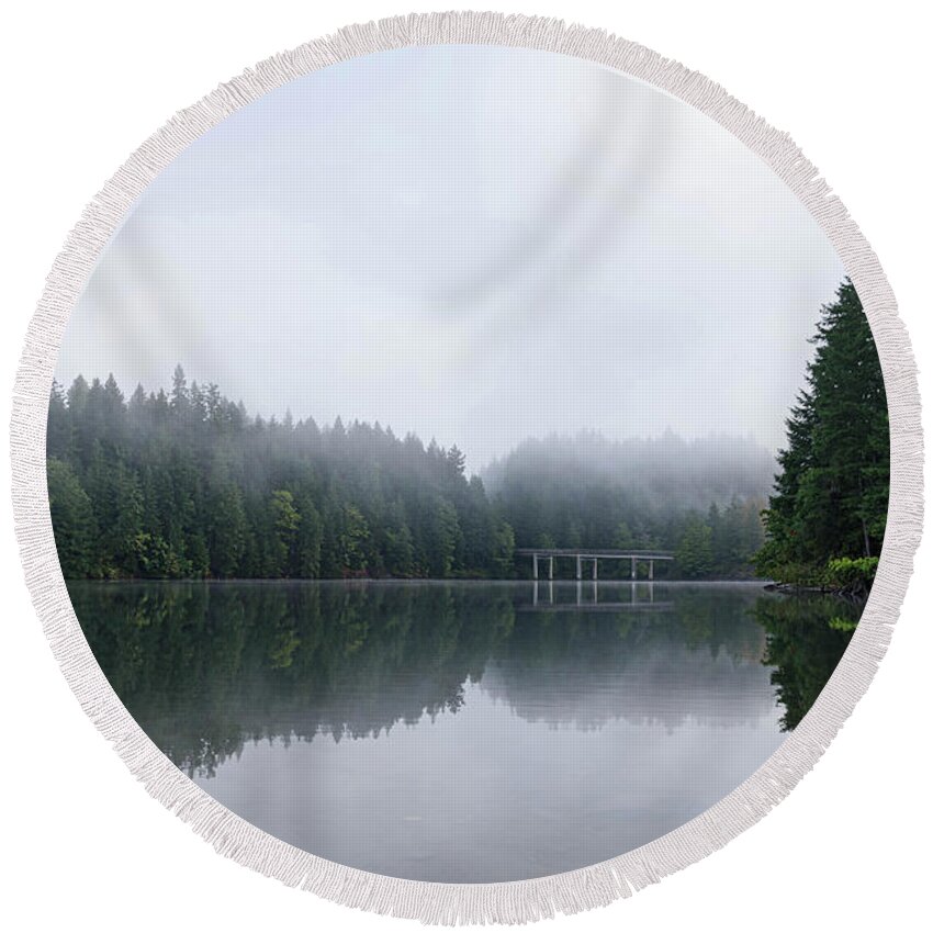 Oregon Round Beach Towel featuring the photograph Road over Foster Lake by Jeff Hubbard