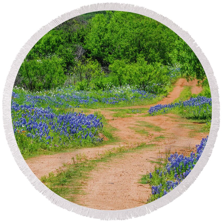 Texas Bluebonnets Round Beach Towel featuring the photograph Road To Bluebonnets by Johnny Boyd