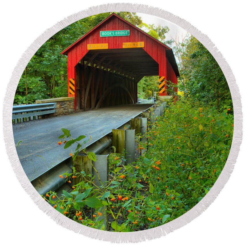 Books Covered Bridge Round Beach Towel featuring the photograph Road Up To The Books Covered Bridge by Adam Jewell
