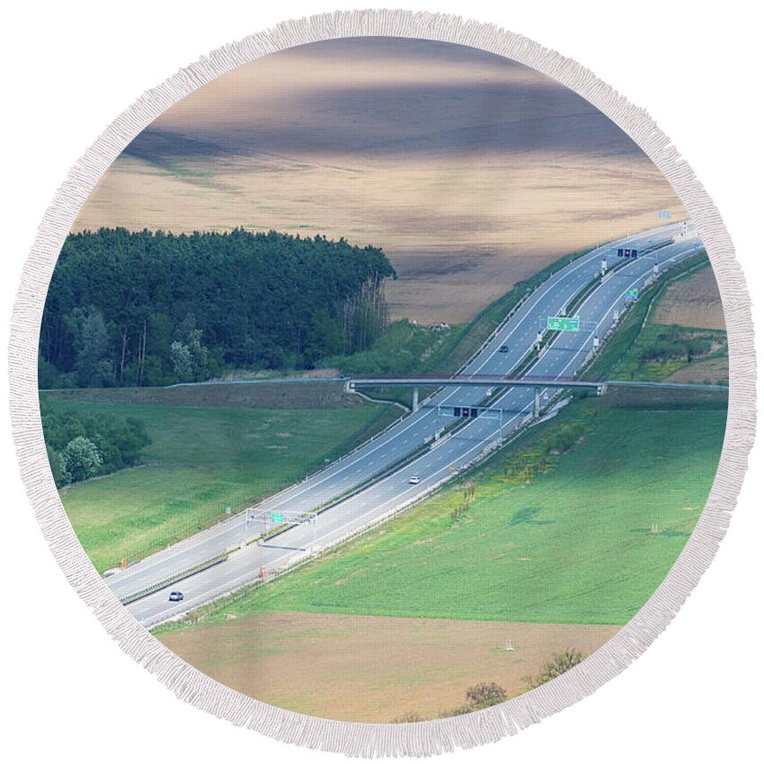Roads Round Beach Towel featuring the photograph Roads And Fields by Les Palenik