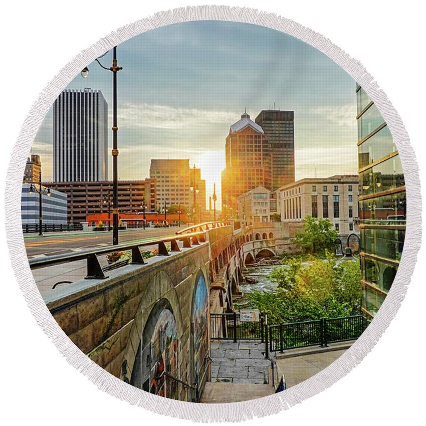 Rochester Round Beach Towel featuring the photograph Rochester New York Court Street Bridge Reflection Sunrise by Toby McGuire