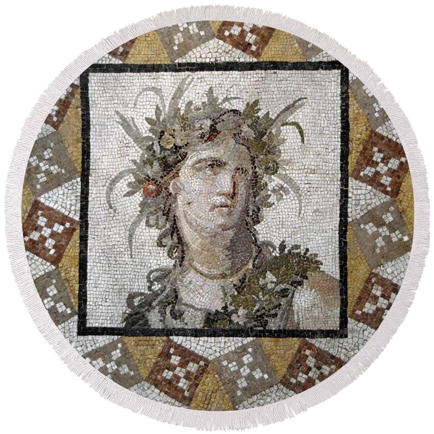 2nd Century Round Beach Towel featuring the sculpture Roman Art. Asia Minor. Mosaic. 2nd century. House of Daphe, -Antioch, Turkey-. by Album