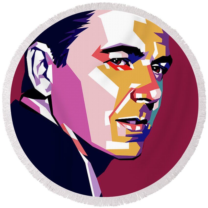 Ronald Round Beach Towel featuring the digital art Ronald Reagan by Movie World Posters