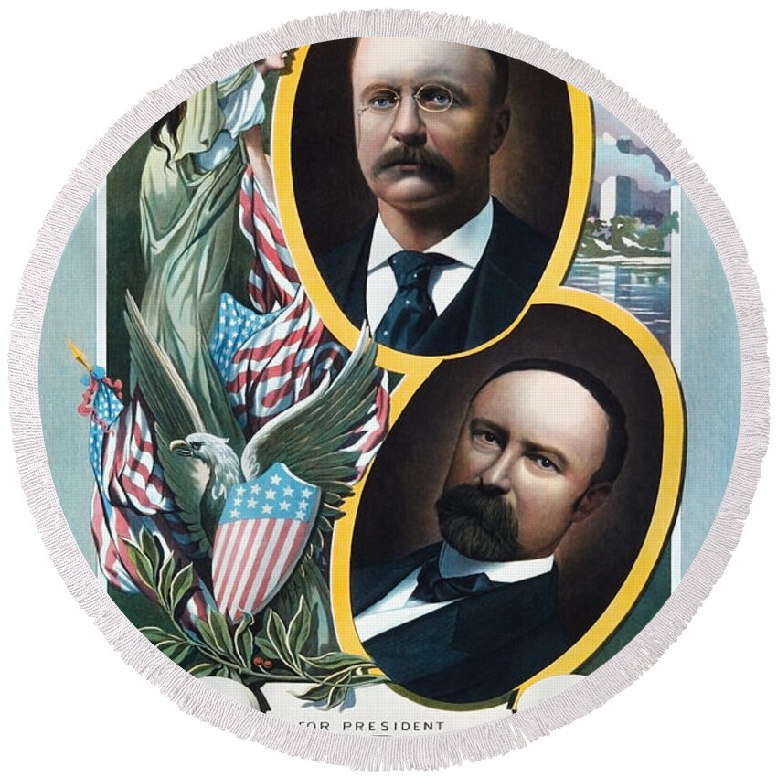 Theodore Roosevelt Round Beach Towel featuring the painting Roosevelt and Fairbanks Campaign Poster - 1904 by War Is Hell Store