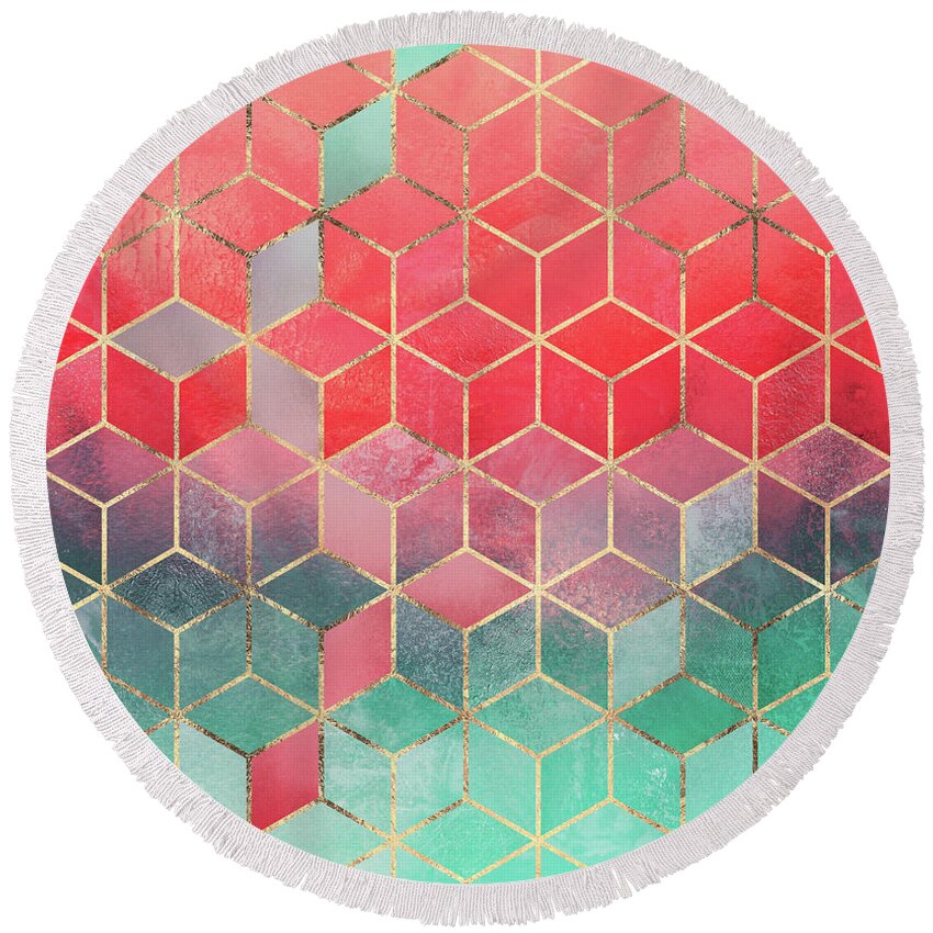 Graphic Round Beach Towel featuring the digital art Rose And Turquoise Cubes by Elisabeth Fredriksson