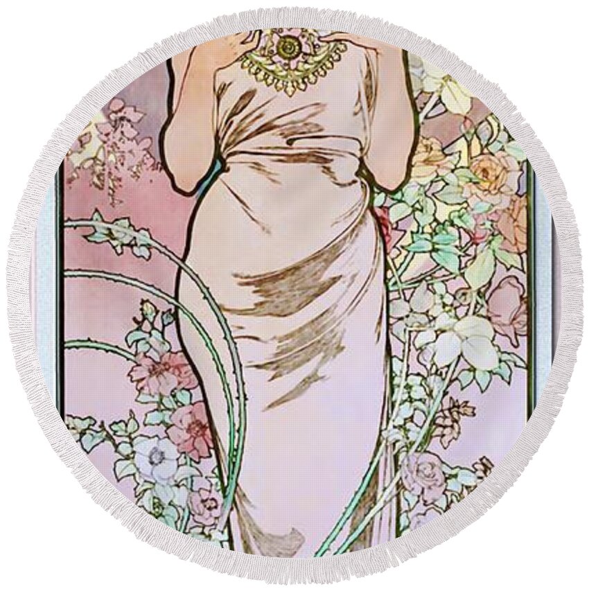 Rose Round Beach Towel featuring the painting Rose by Alphonse Mucha by Rolando Burbon