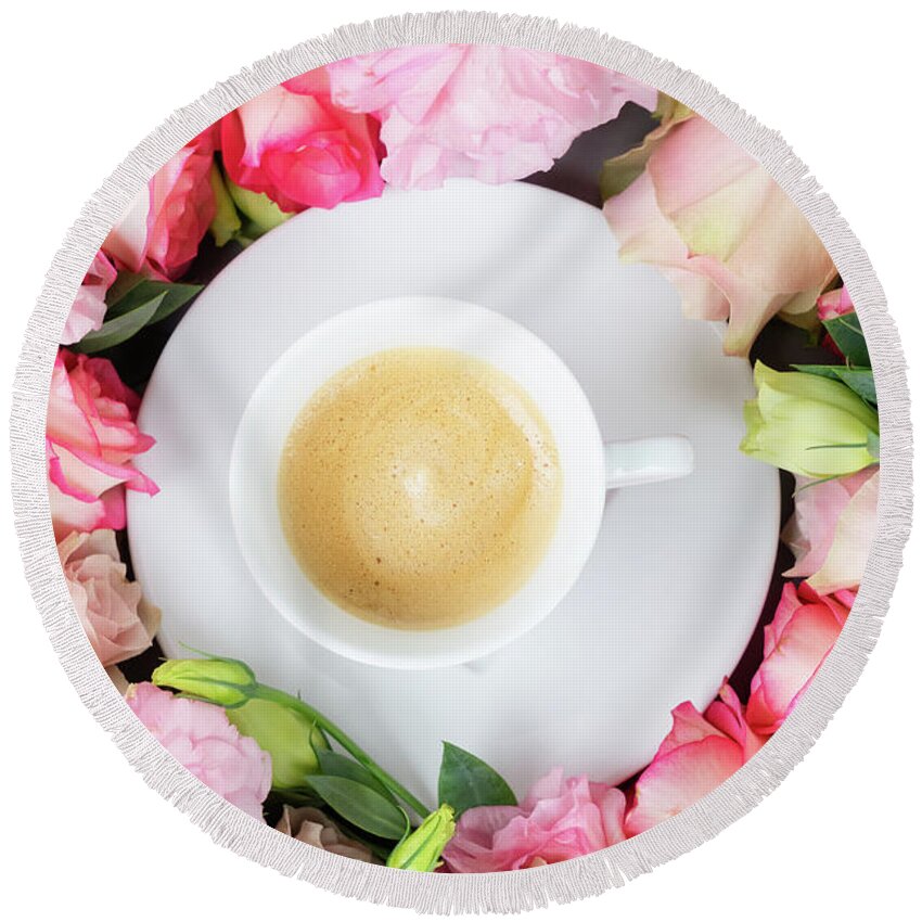 Roses Round Beach Towel featuring the photograph Coffee with scent of Roses by Anastasy Yarmolovich