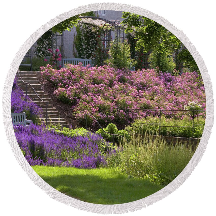 Jenny Rainbow Fine Art Photography Round Beach Towel featuring the photograph Rose Garden at Castle by Jenny Rainbow