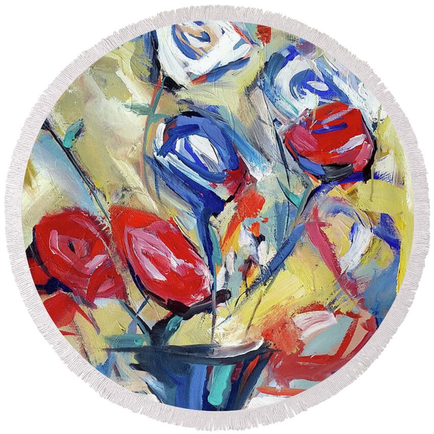  Round Beach Towel featuring the painting Roses and Bluez by John Gholson