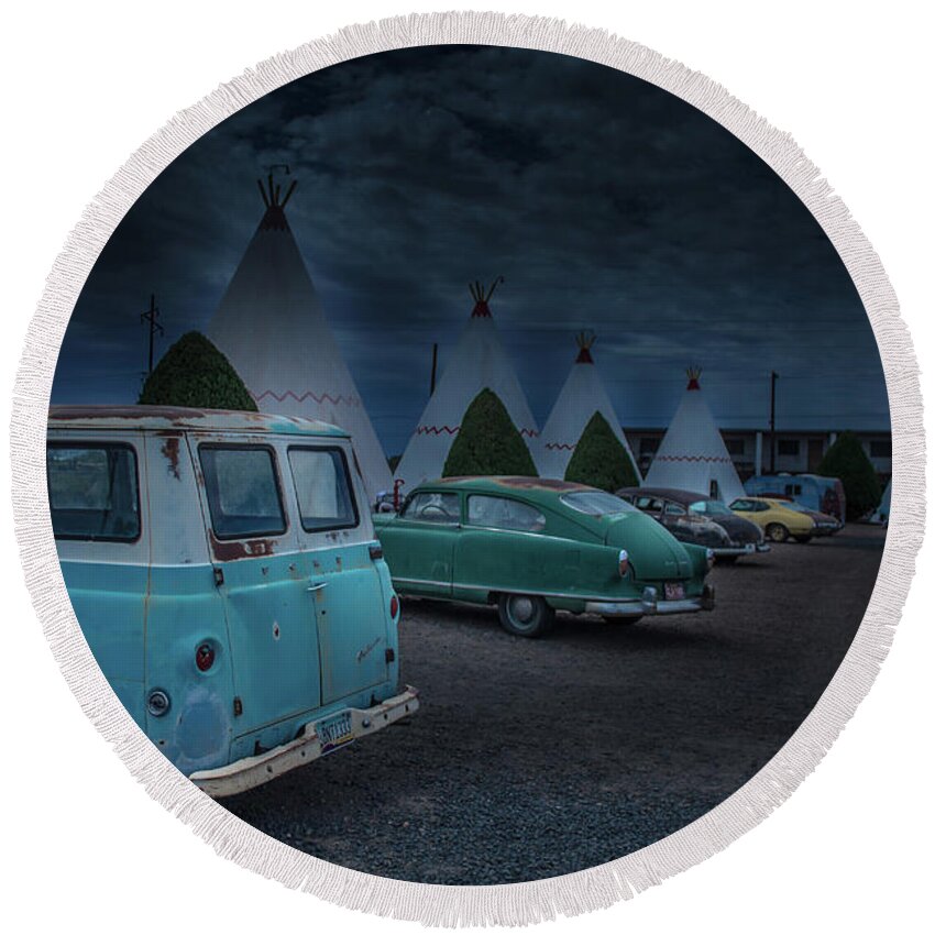 Route Round Beach Towel featuring the photograph Route66 Tipi's by Darrell Foster