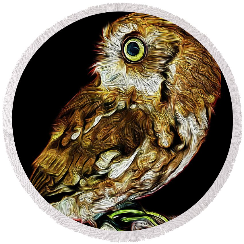 Eastern Screech Owl Owl Wildlife Florida Round Beach Towel featuring the digital art Ruby in Regard by Michael Allard