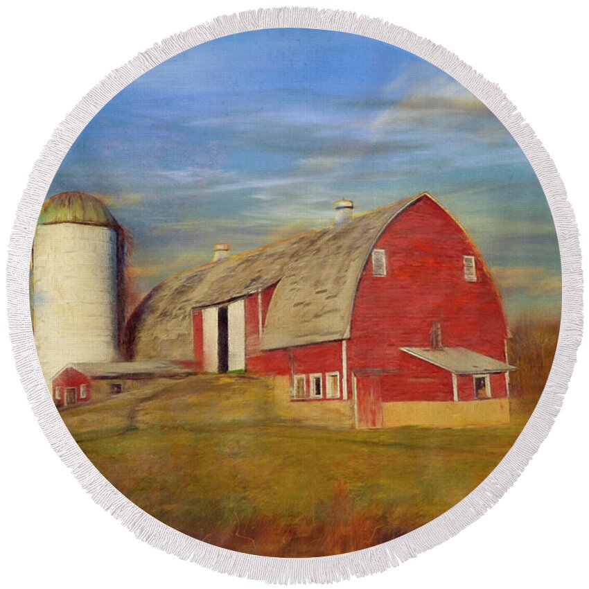 Red Barns Round Beach Towel featuring the mixed media Ruby Red Barn Country by Colleen Taylor