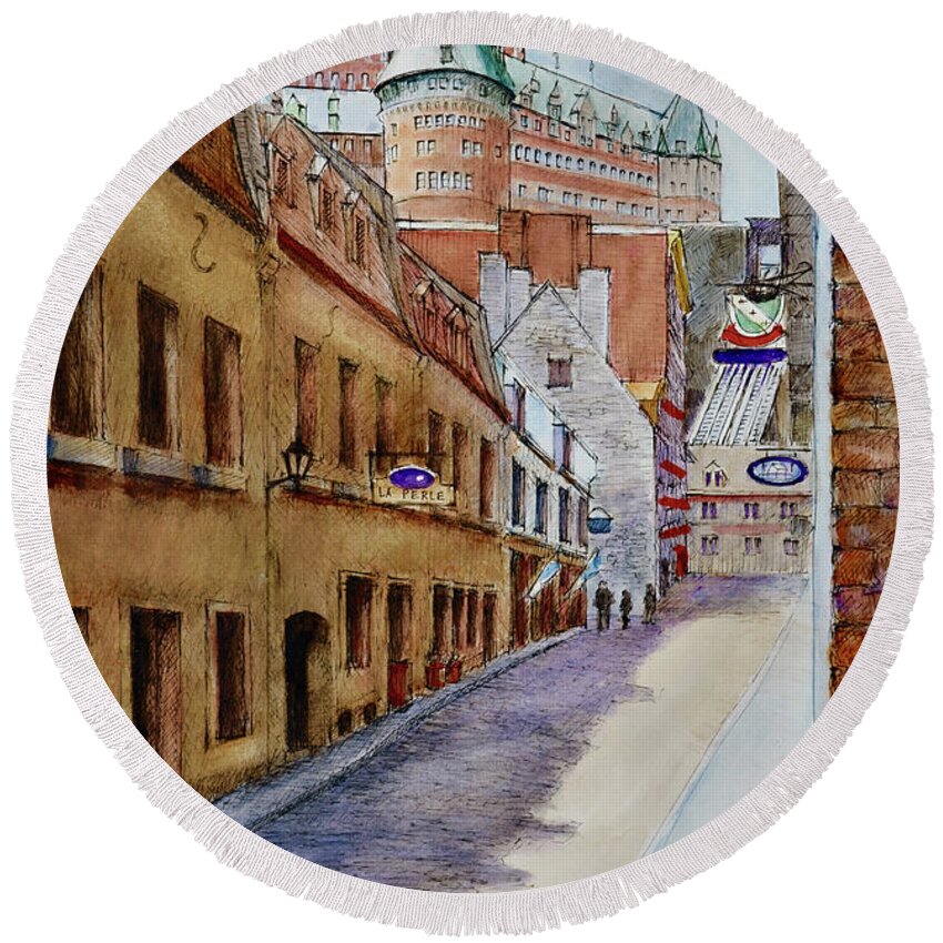 Canada Round Beach Towel featuring the painting Rue Sous Le Fort Aquarelle by Dai Wynn