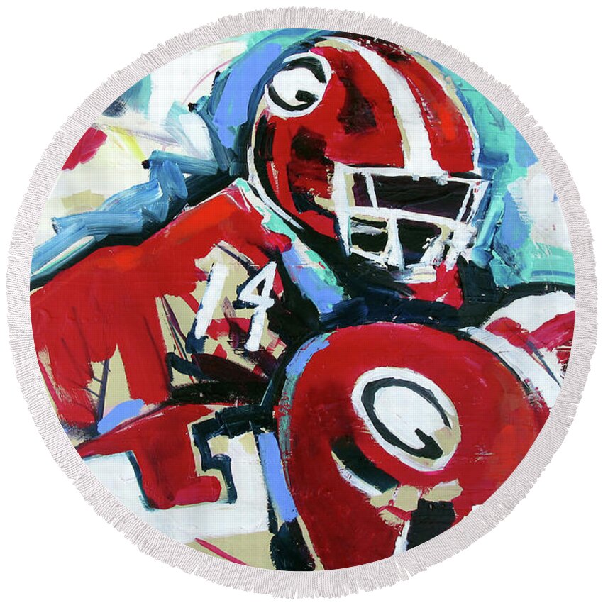 Uga Football Round Beach Towel featuring the painting Run The Play by John Gholson