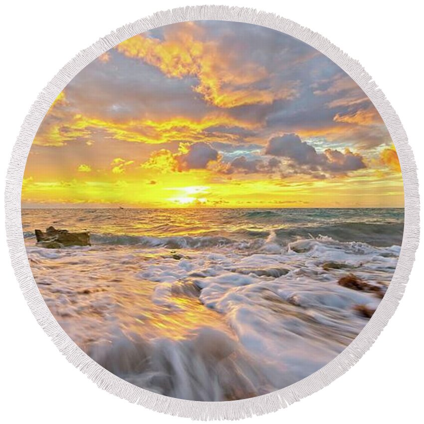 Carlin Park Round Beach Towel featuring the photograph Rushing Surf by Steve DaPonte