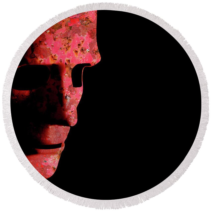 Mask Round Beach Towel featuring the photograph Rusty robotic face old technology by Simon Bratt