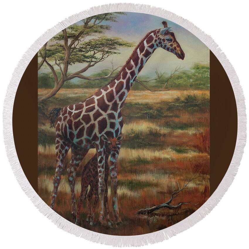 Giraffe Round Beach Towel featuring the painting Safe Haven by Lynne Pittard
