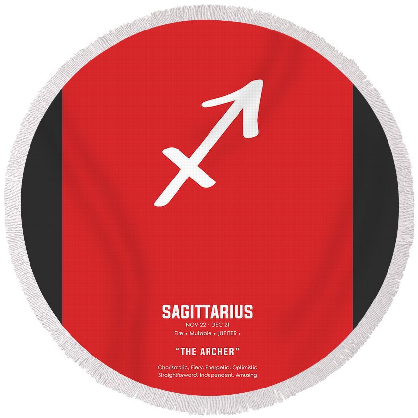 Sagittarius Round Beach Towel featuring the mixed media Sagittarius Print - Zodiac Signs Print - Zodiac Posters - Sagittarius Poster - Red and White by Studio Grafiikka