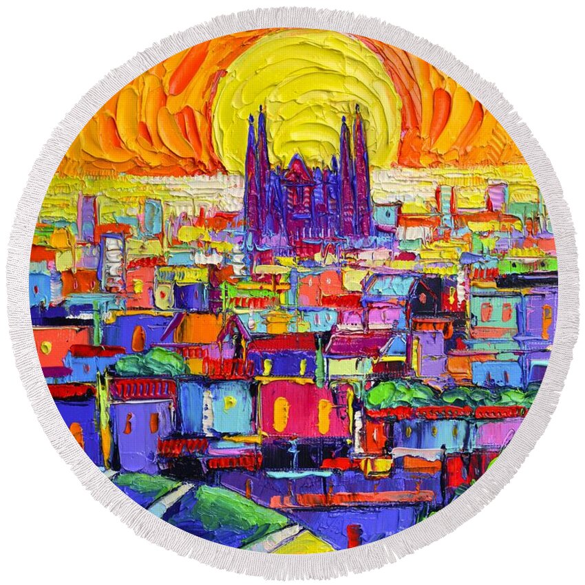Barcelona Round Beach Towel featuring the painting SAGRADA FAMILIA FROM PARK GUELL AT SUNRISE BARCELONA ABSTRACT CITIES impasto painting Ana Edulescu by Ana Maria Edulescu