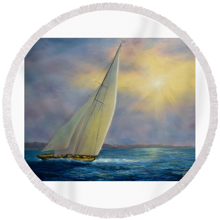 Sailboat Round Beach Towel featuring the painting Sailing at Sunset by Lynne Pittard
