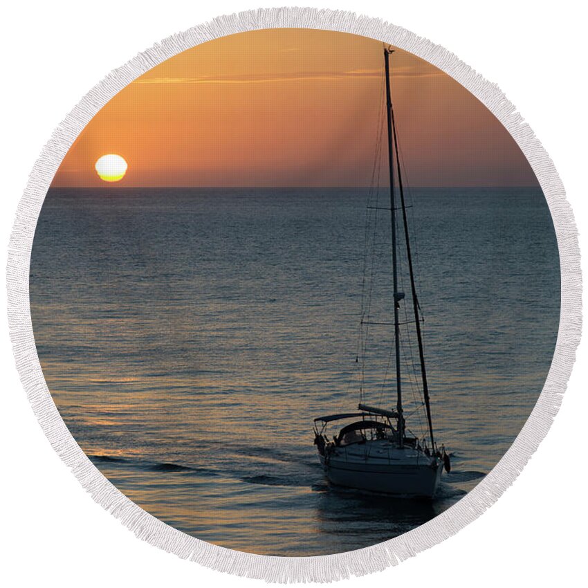 Flying Round Beach Towel featuring the photograph Sailboat Heading Home at Sunset Cadiz Spain by Pablo Avanzini