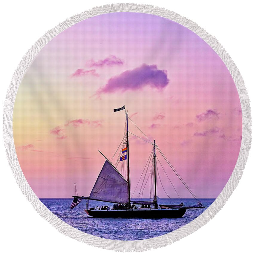 Afterglow Round Beach Towel featuring the photograph Sailboat in Keywest by Bill Frische