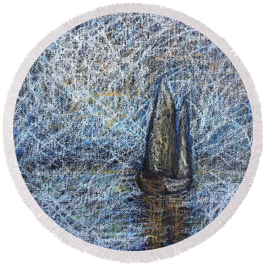 Painting Round Beach Towel featuring the painting Sailboat in the Mist by Karla Beatty