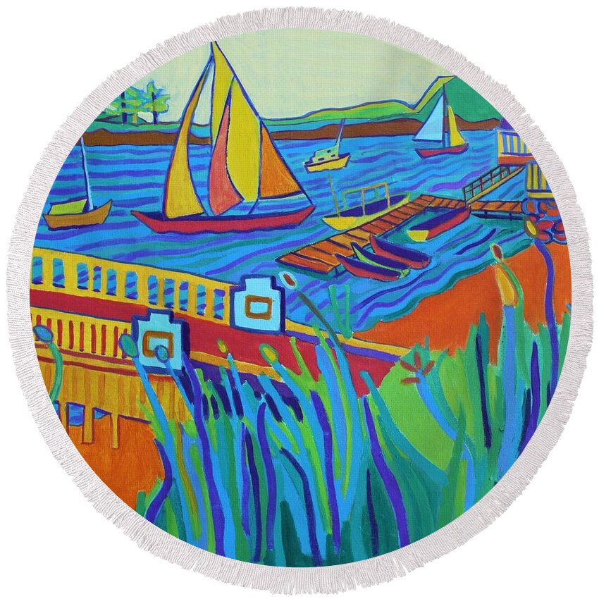 Landscape Round Beach Towel featuring the painting Sailing at Tucks Point Manchester by the sea by Debra Bretton Robinson