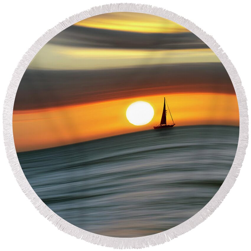Sunset Round Beach Towel featuring the digital art Sailing to the Sunset by Christopher Johnson