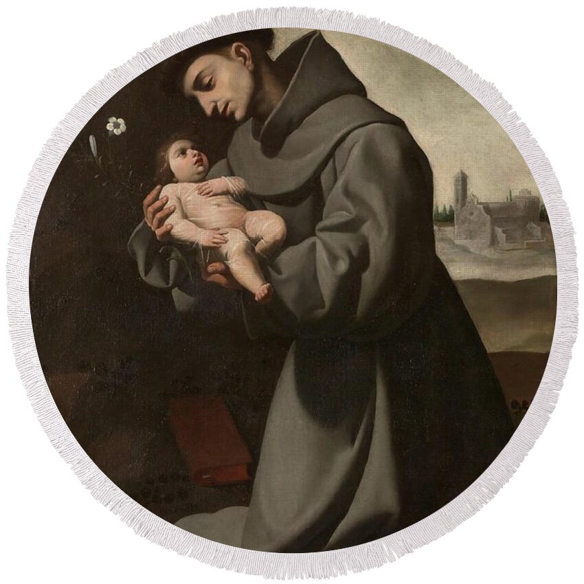 Francisco De Zurbaran Round Beach Towel featuring the painting 'Saint Anthony of Padua with the Infant Christ'. 1635 - 1650. Oil on canvas. by Francisco de Zurbaran -c 1598-1664-