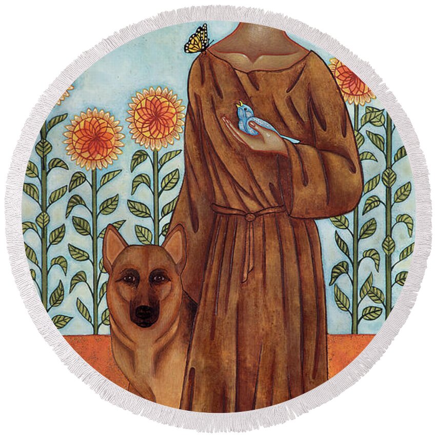 Francis Of Assisi Round Beach Towel featuring the painting Saint Francis and the Wolf of Gubbio by Jodi Simmons