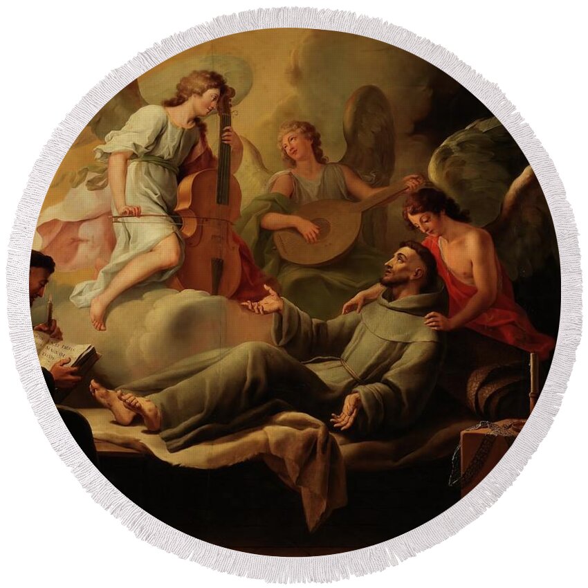 Francis Of Assisi Round Beach Towel featuring the painting 'Saint Francis Comforted by Angels'. 1788. Oil on canvas. by Jose Camaron Bonanat Jose Camaron