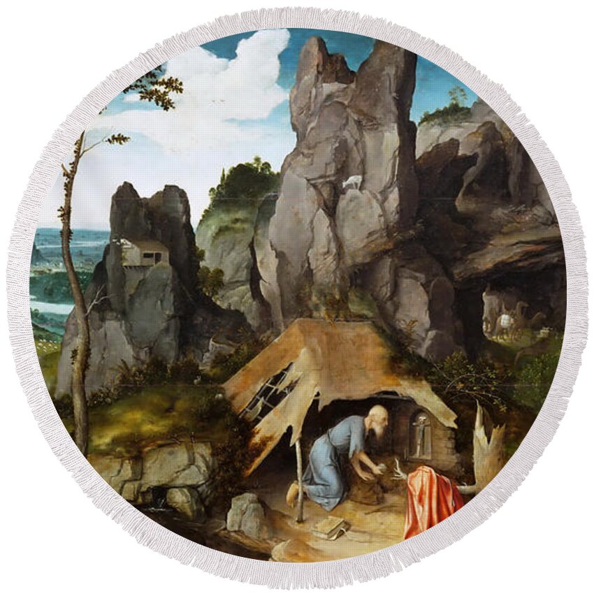 Joachim Patinir Round Beach Towel featuring the painting Saint Jerome in the Desert by Joachim Patinir