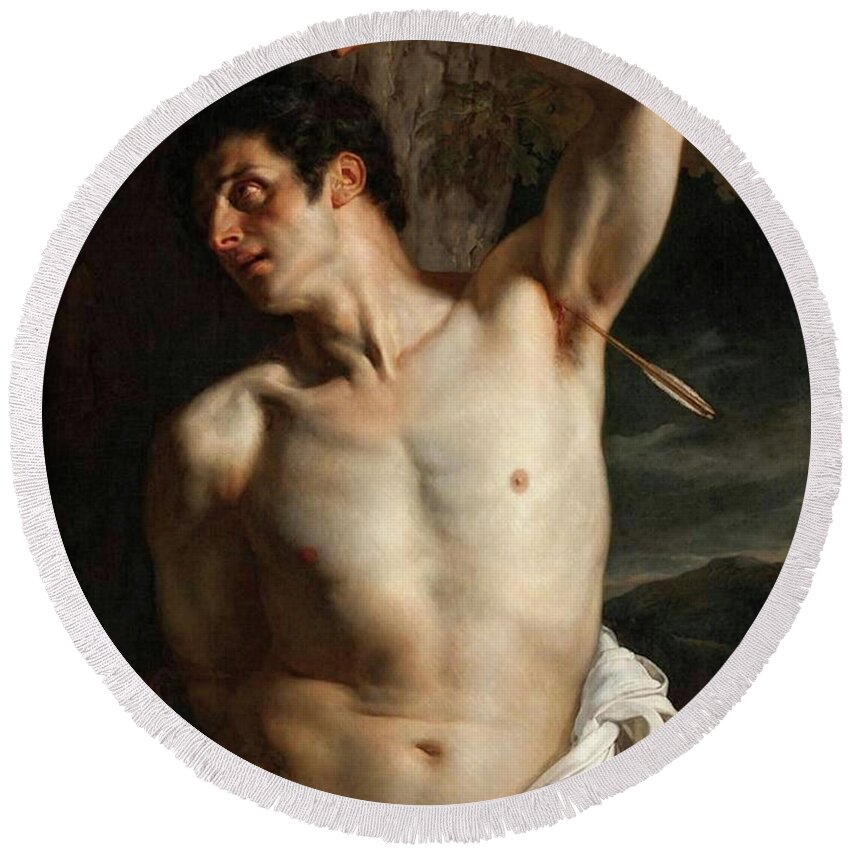 Paul Delaroche Round Beach Towel featuring the painting Saint Sebastian by Paul Delaroche