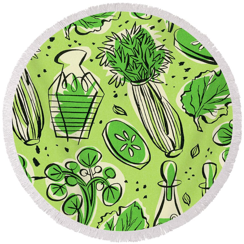 Abstract Round Beach Towel featuring the drawing Salad Pattern by CSA Images