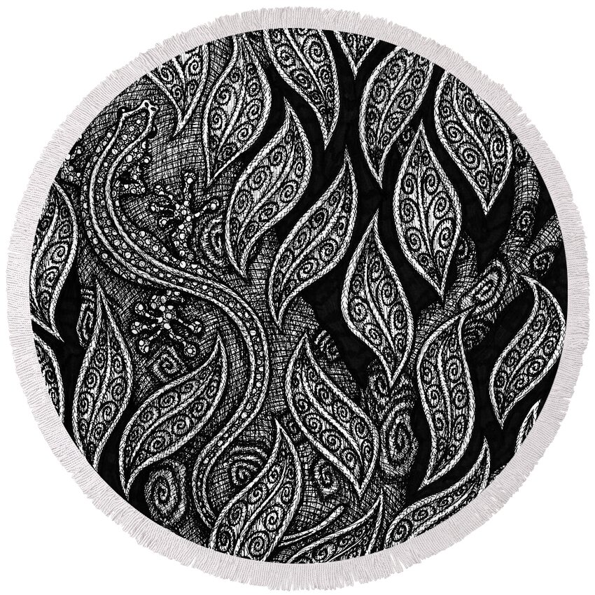 Salamander Round Beach Towel featuring the drawing Salamander Botanical Ink 1 by Amy E Fraser