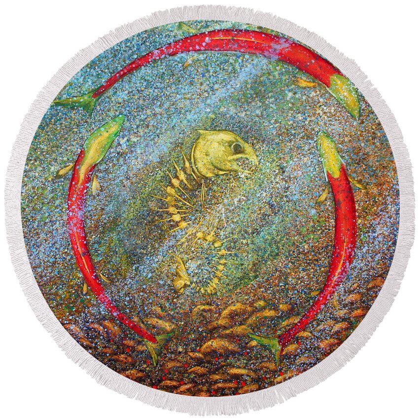 Salmon Round Beach Towel featuring the painting Salmon Cycle by Gregg Caudell