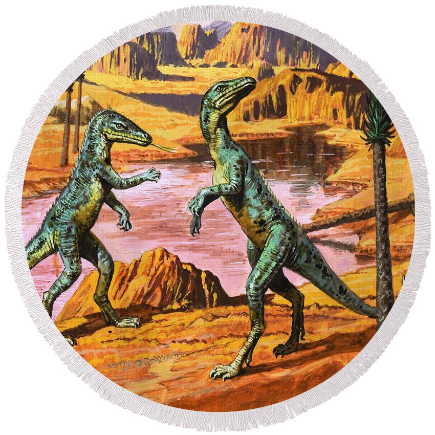 Dinosaur Round Beach Towel featuring the painting Saltoposuchus by Roger Payne