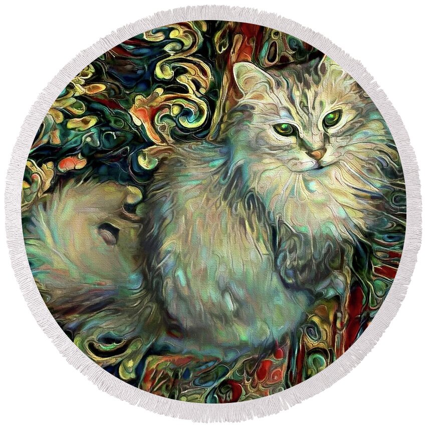 Maine Coon Cat Round Beach Towel featuring the digital art Samson the Silver Maine Coon Cat by Peggy Collins