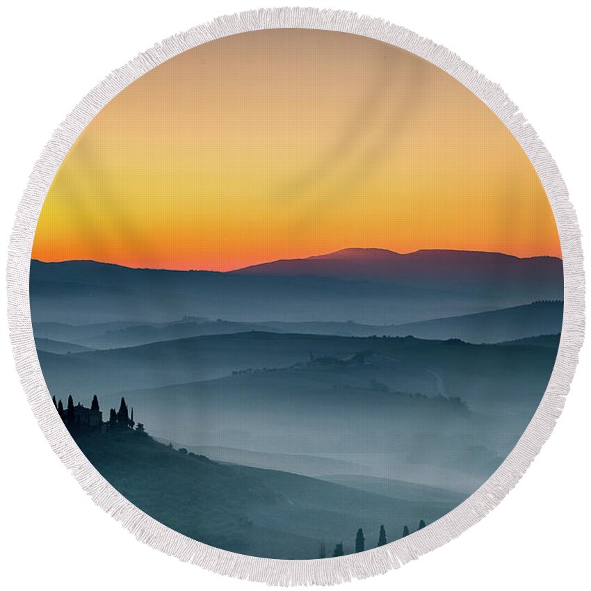 Tuscany Round Beach Towel featuring the photograph San Quirico Dawn by Fred Greco