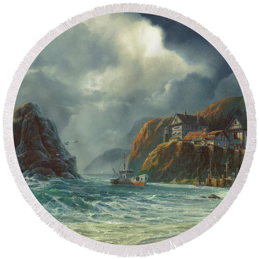Michael Humphries Round Beach Towel featuring the painting Sanctuary by Michael Humphries
