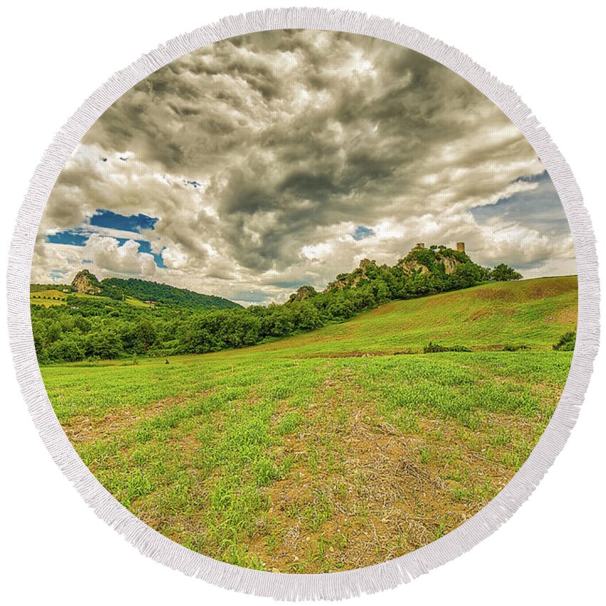 Emilia Round Beach Towel featuring the photograph Sanctuary On Peak In Countryside by Vivida Photo PC