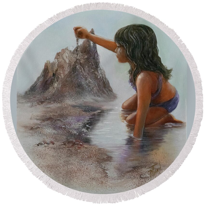 Girl Playing With Sand Round Beach Towel featuring the painting Sand Dreams I by Lynne Pittard