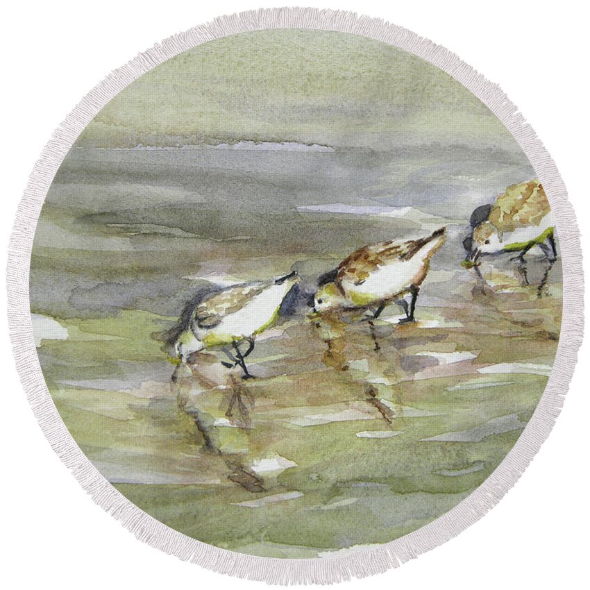 Original Watercolors Round Beach Towel featuring the painting Sandpiper Trio by Julianne Felton