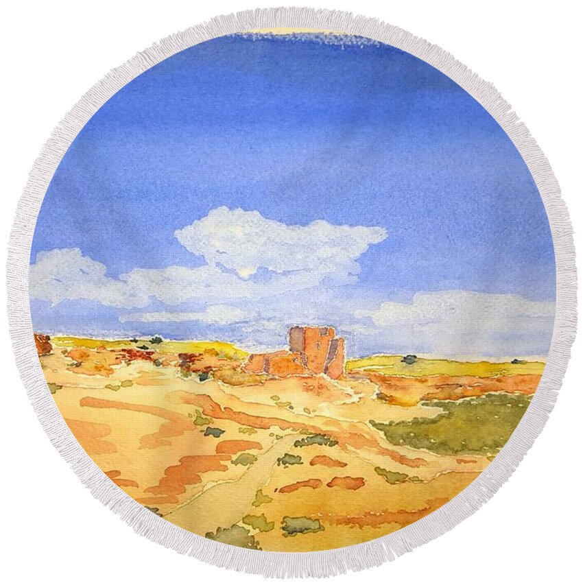 Watercolor Round Beach Towel featuring the painting Sandstone Lore by John Klobucher