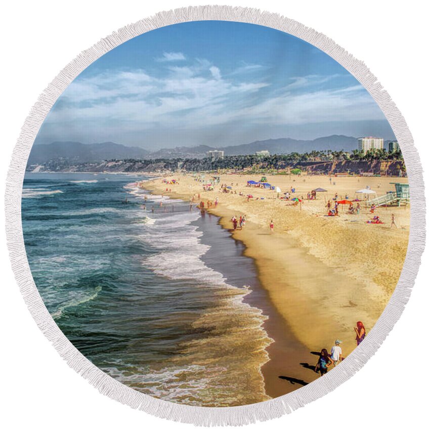 Santa Monica Round Beach Towel featuring the painting Santa Monica Beach by Christopher Arndt
