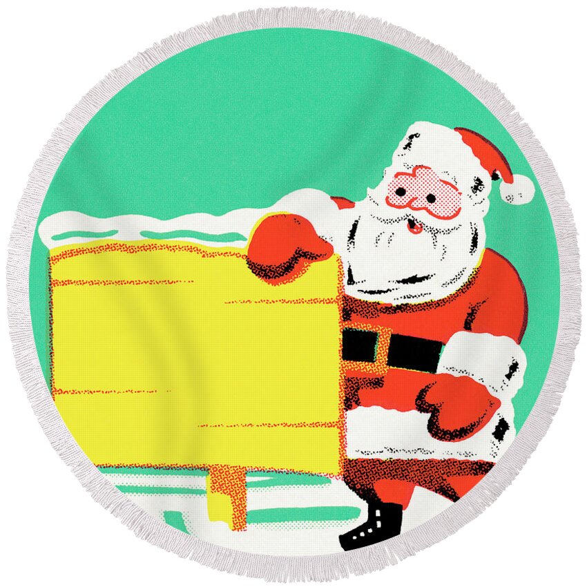 Ad Round Beach Towel featuring the drawing Santa with a sign by CSA Images