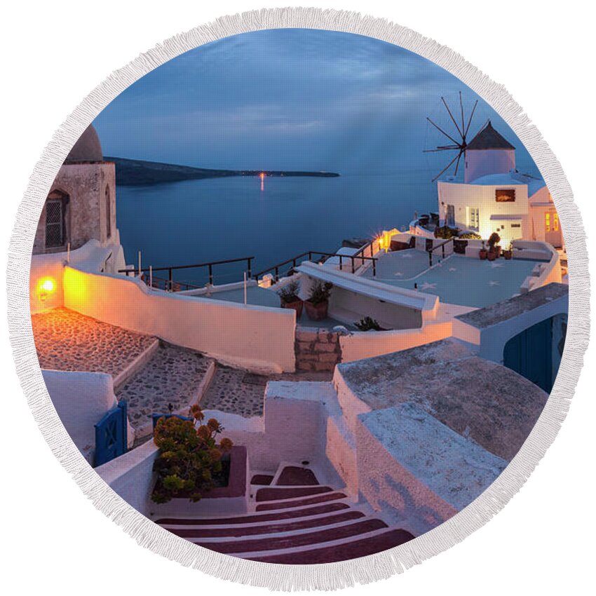 Greece Round Beach Towel featuring the photograph Santorini by Evgeni Dinev