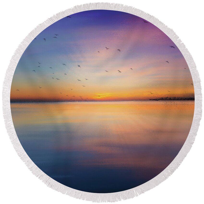 Seascape Round Beach Towel featuring the mixed media Sapphire Sunset by Colleen Taylor
